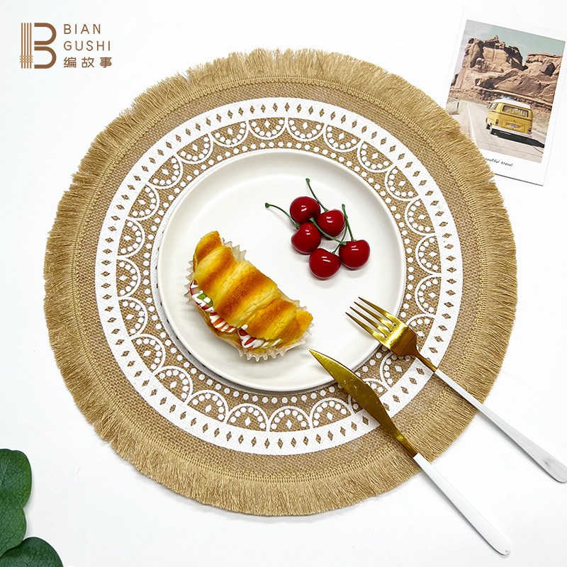 ins Nordic braided fringed placemat jute linen anti-ironing heat insulation mat food decoration shooting props details Picture