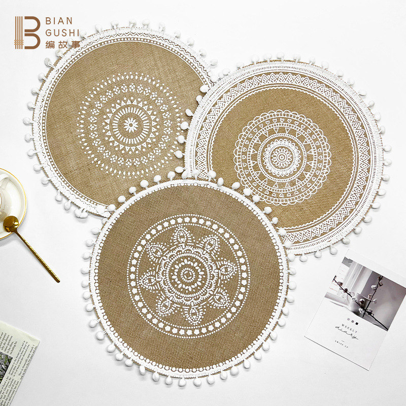 ins Nordic braided fringed placemat jute linen anti-ironing heat insulation mat food decoration shooting props Specification drawing