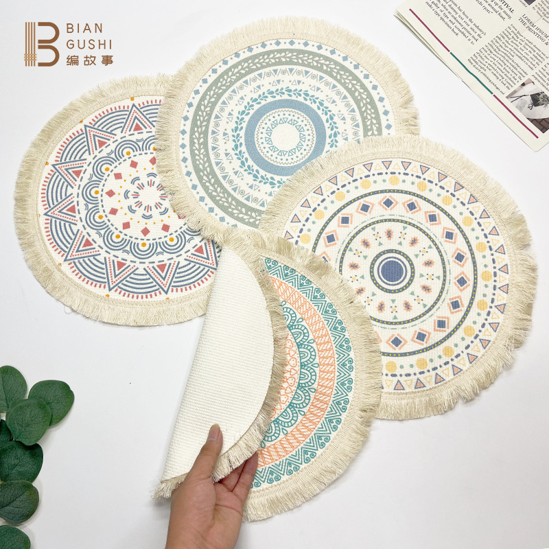 Bohemian cotton placemat Nordic fabric woven round mat Home kitchen heat proof mat tassel table coaster Specification drawing