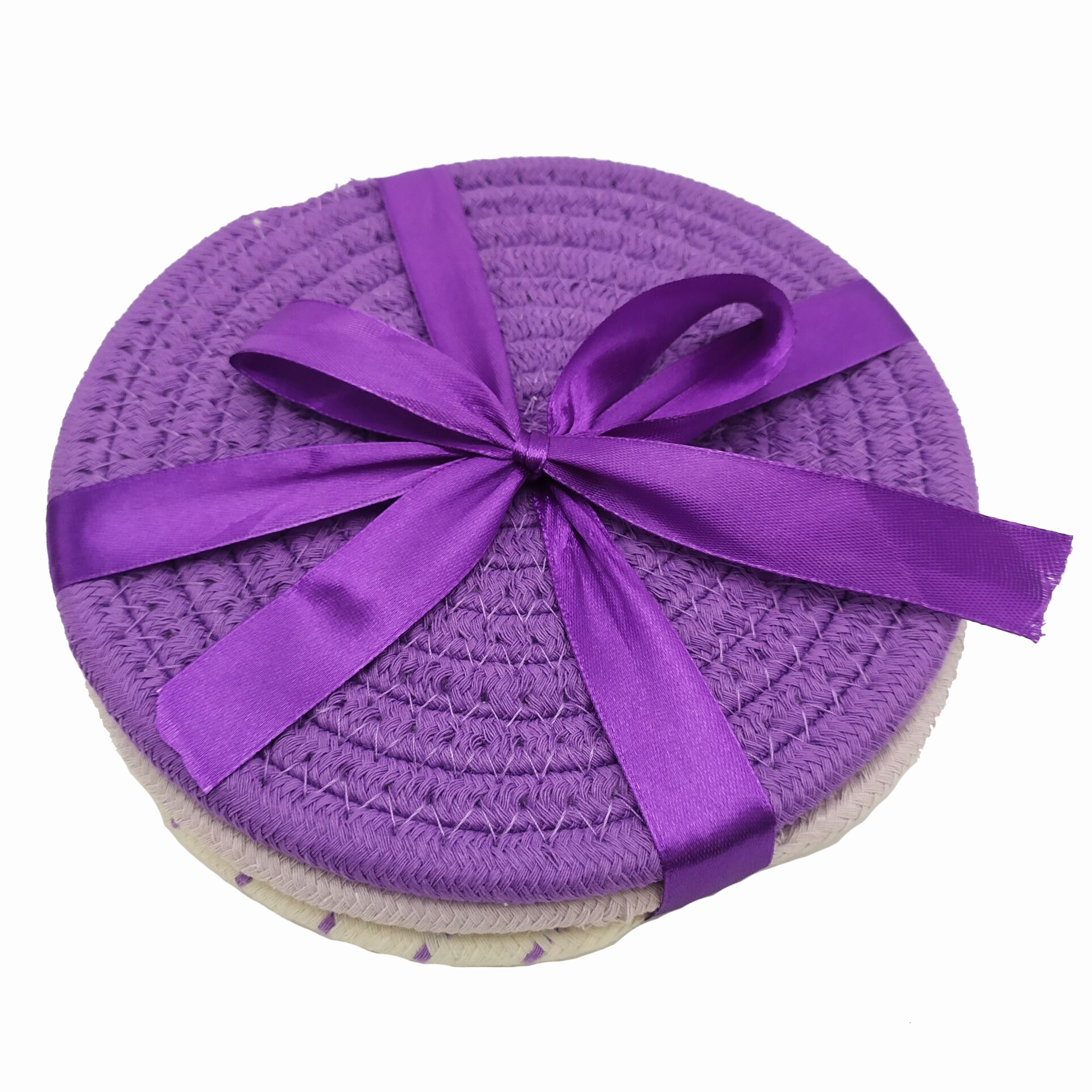 Manufacturers direct hand woven three pieces of color cotton rope placemats, anti-skid, anti-hot and heat insulation children woven placemats Item Picture