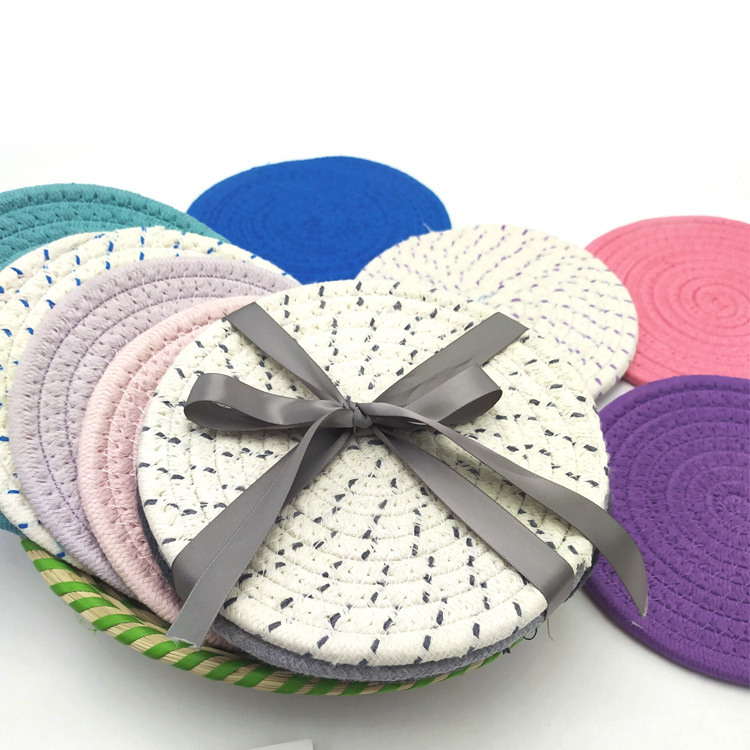 Manufacturers direct hand woven three pieces of color cotton rope placemats, anti-skid, anti-hot and heat insulation children woven placemats Specification drawing