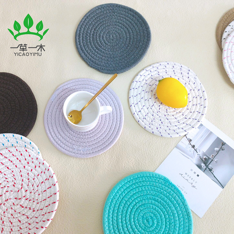 Cotton cord braided placemat three-piece thickened braided placemat Cotton thread insulated placemat pot bowl mat non-slip coaster details Picture