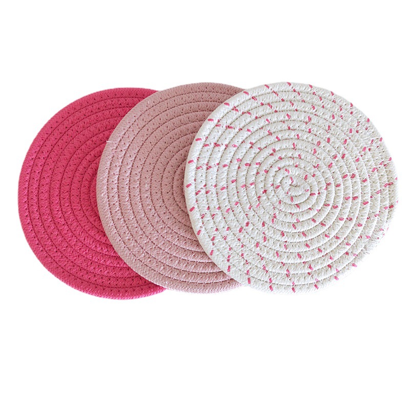 Cotton cord braided placemat three-piece thickened braided placemat Cotton thread insulated placemat pot bowl mat non-slip coaster Item Picture