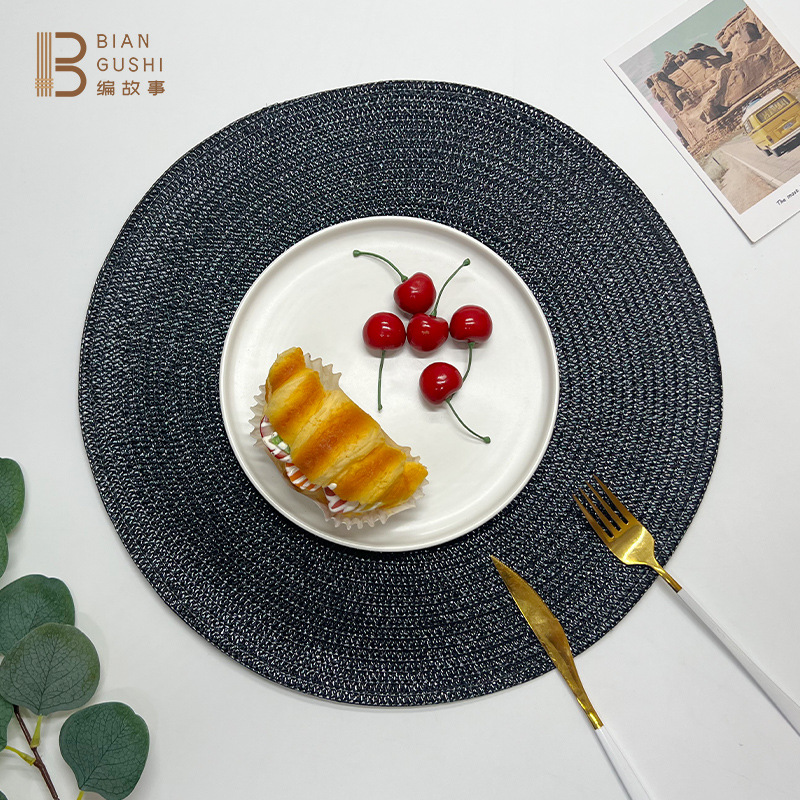Amazon hot PP bright film woven placemat simple round solid color heat insulation mat table decoration Western placemat Specification drawing