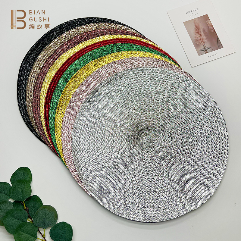 Amazon hot PP bright film woven placemat simple round solid color heat insulation mat table decoration Western placemat details Picture
