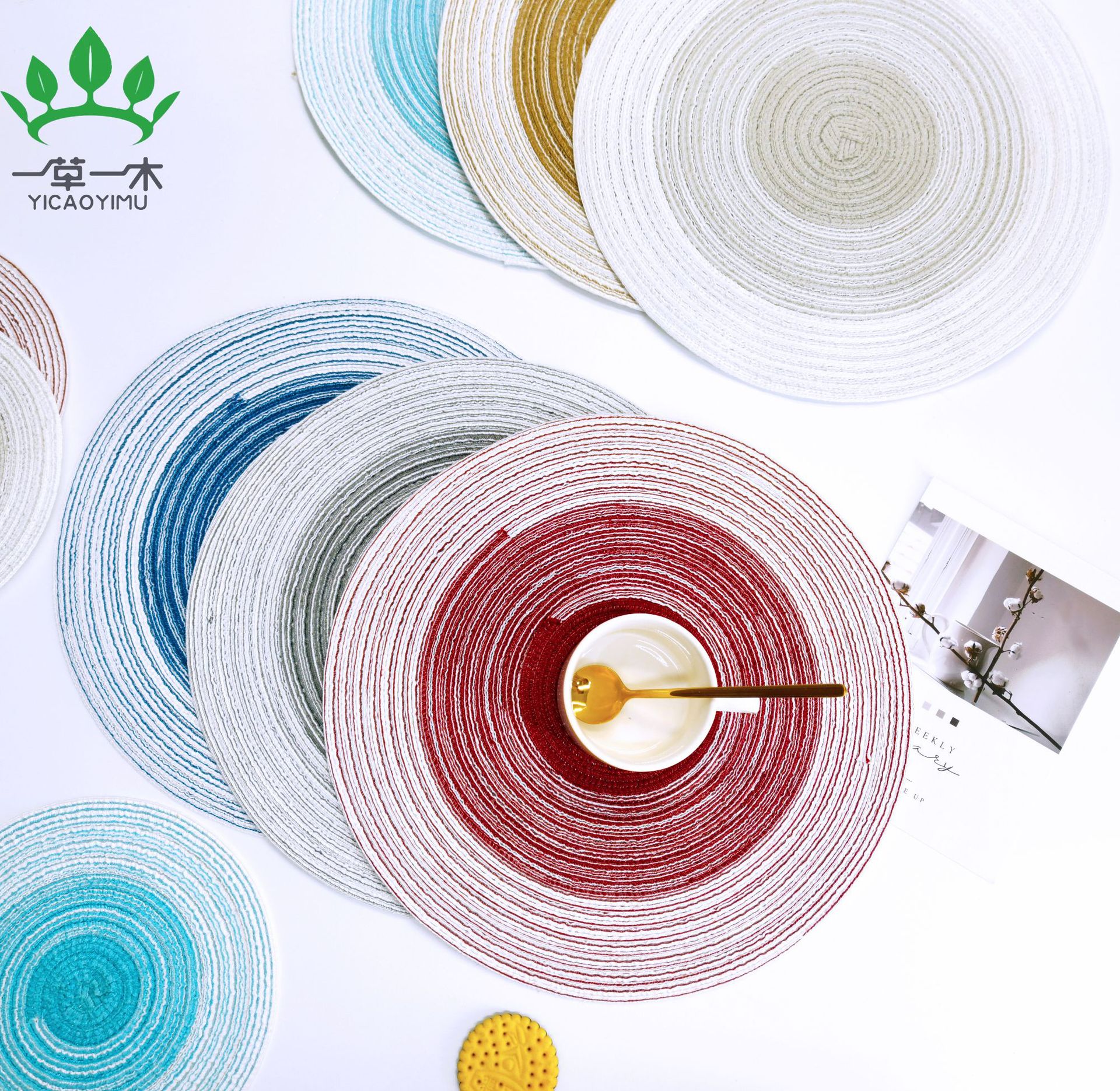 Placemat home Nordic style woven placemat color gradient Western placemat simple coaster anti-hot mat bowl mat insulation mat full figure