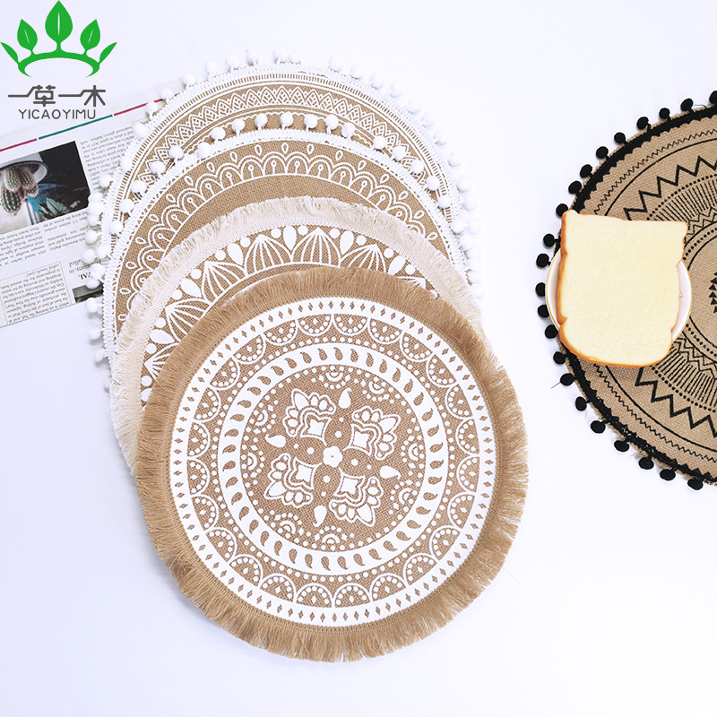 Hand-woven cushion jute placemat heat insulation cushion cotton and linen Western placemat decorative cushion shooting props vase cushion details Picture