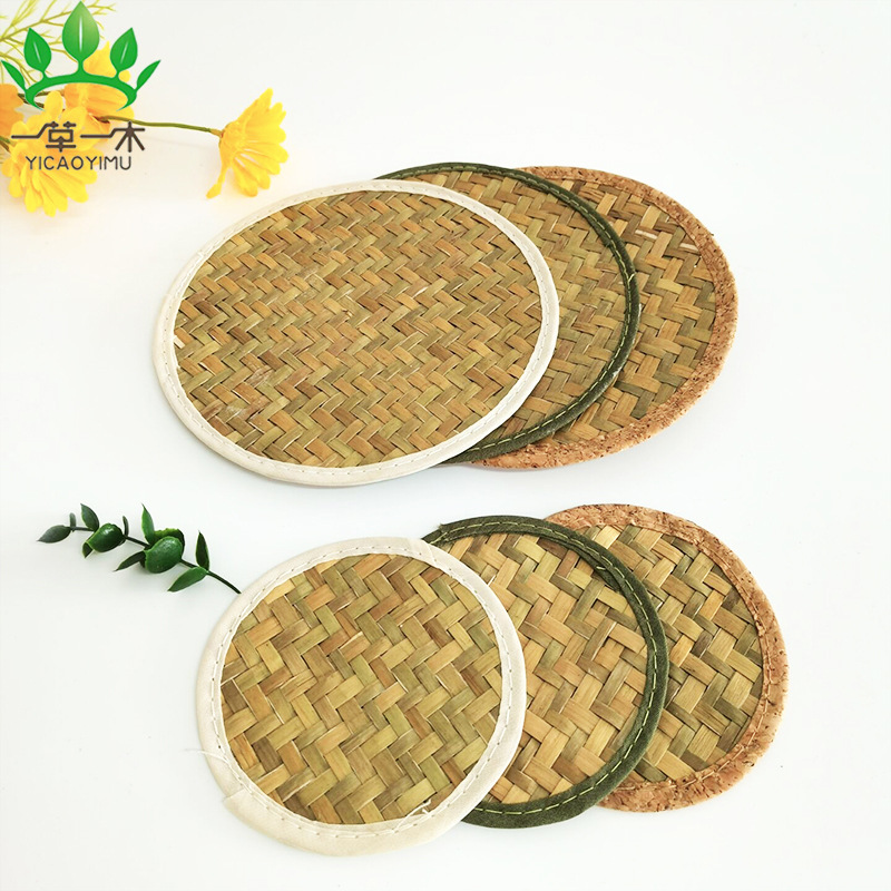 Seaweed woven placemat retro tea table pad round tea mat bowl tray pad cup mat woven heat insulation pad table mat Specification drawing