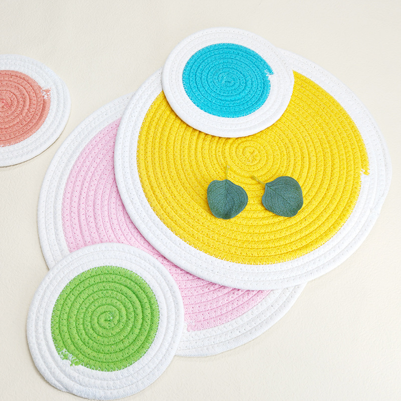 Cotton rope braided placemat simple round thickened table cushion pot cushion heat insulation cushion tray cushion bowl cushion cushion Western placemat details Picture