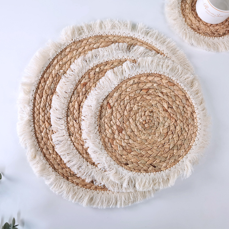 Amazon round woven grass placemat water hyacinth woven Western restaurant table mat with thick insulated fringe edge coasters Specification drawing