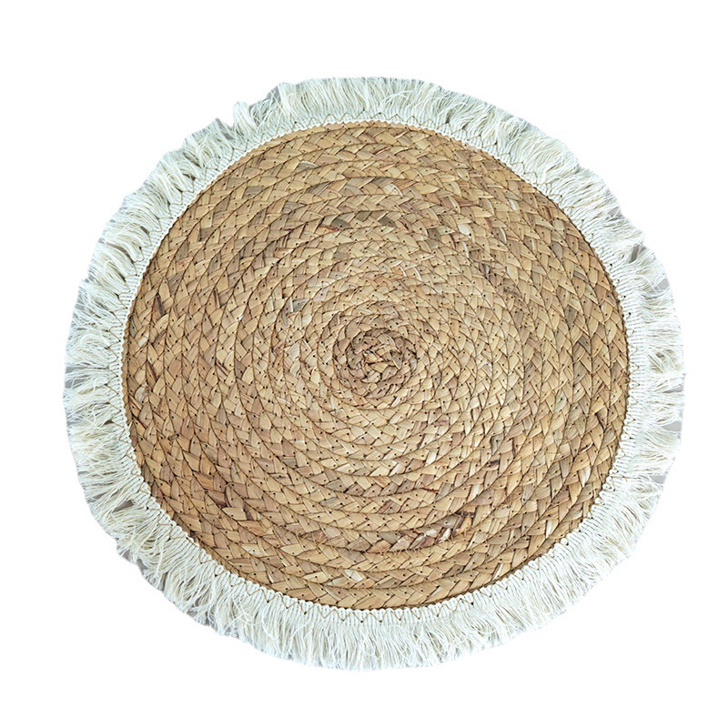 Amazon round woven grass placemat water hyacinth woven Western restaurant table mat with thick insulated fringe edge coasters Item Picture