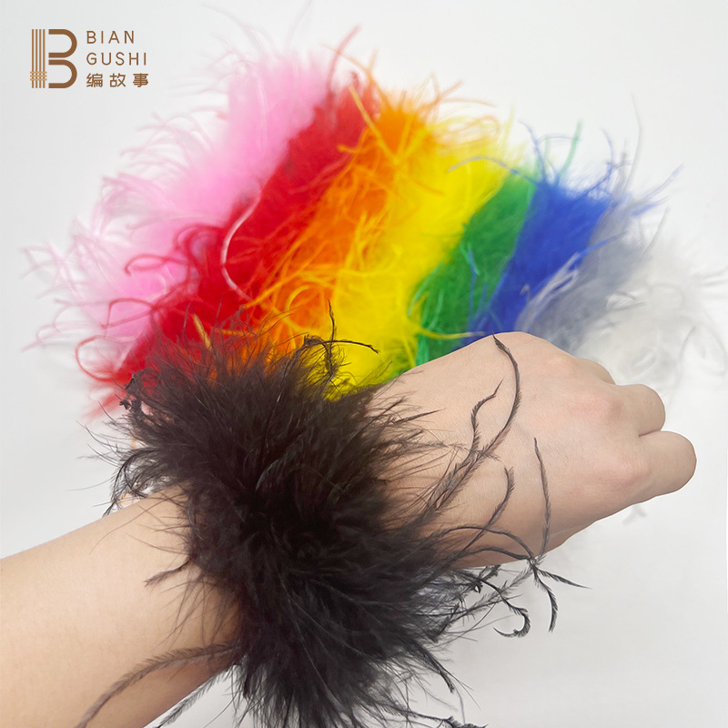 Cross-border hot sales colorful feather plush clap ring cute furry pat bracelet ostrich hair hoop headband Specification drawing