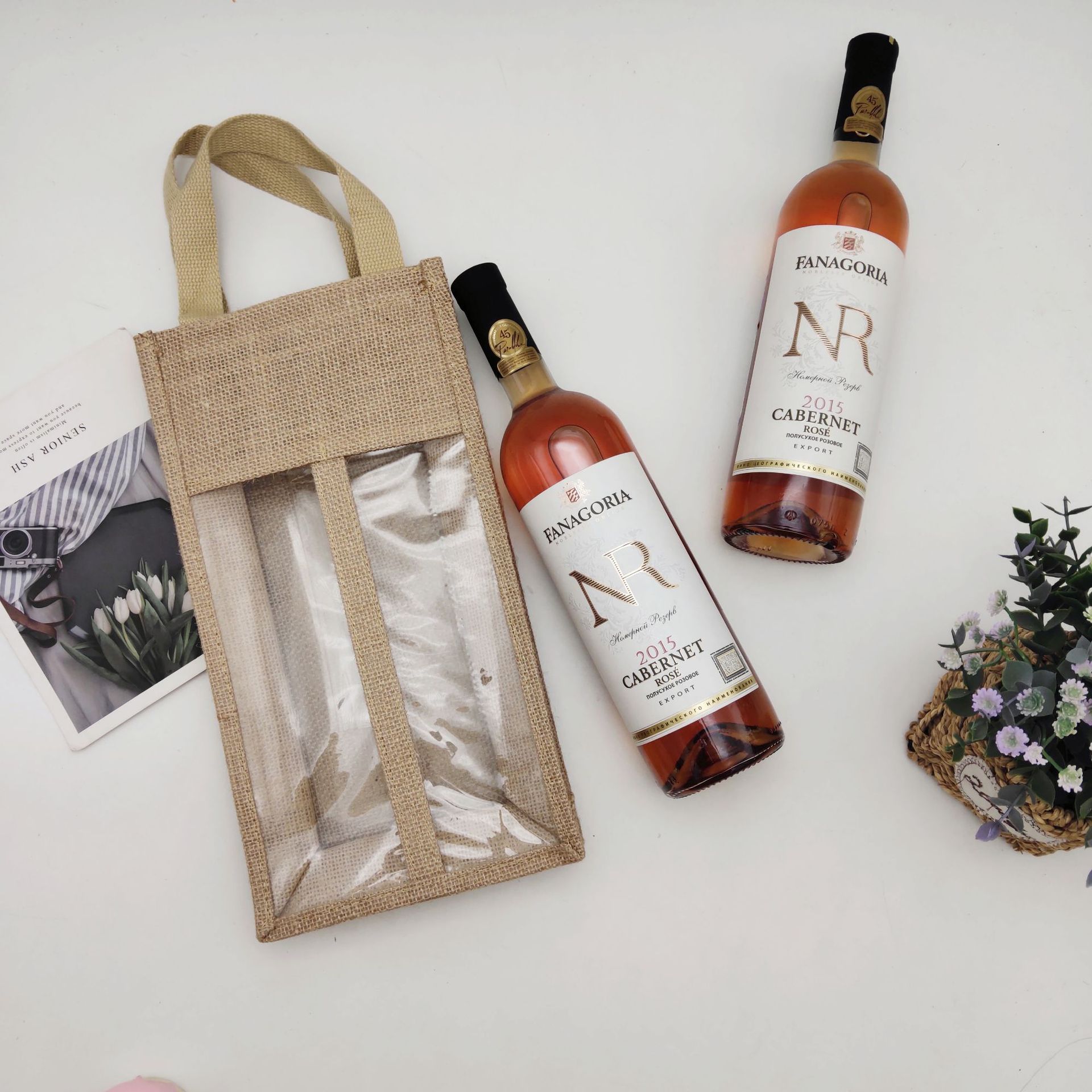 Nordic wind yellow linen red wine bag linen red wine bottle handbag transparent film linen wine bag wholesale details Picture