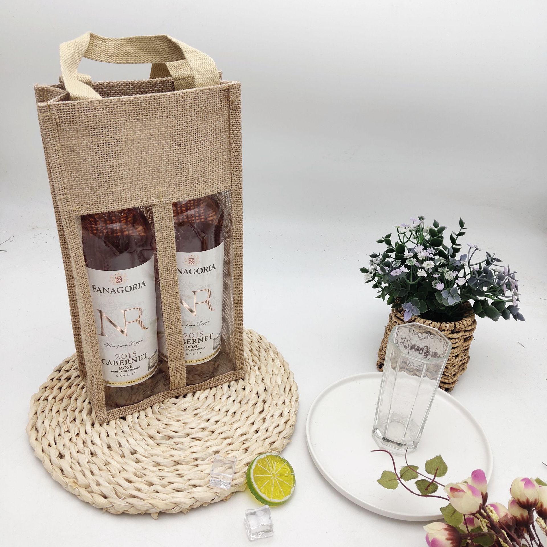 Nordic wind yellow linen red wine bag linen red wine bottle handbag transparent film linen wine bag wholesale Specification drawing