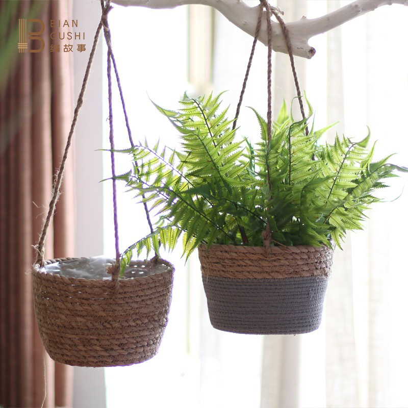 Cross-border hot selling garden wind straw hanging basket flower basket hand-woven hanging basin creative home pot pot set Specification drawing
