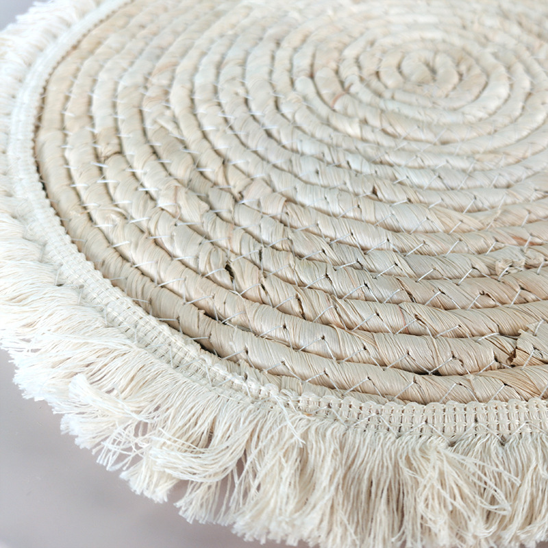 Creative home woven straw placemat Cornhusk rope woven round placemat fringed edge decorative mat thickened heat insulation mat Specification drawing