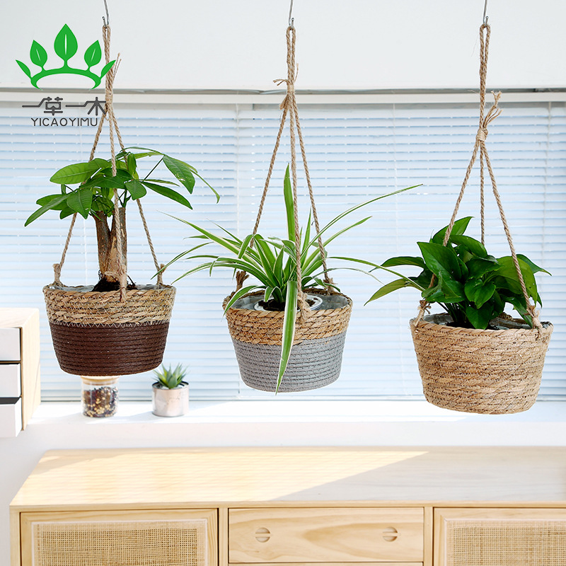 Popular straw flower pot woven hanging orchid woven hanging basket hand-hung flower pot woven flower pot set home decoration pot basket