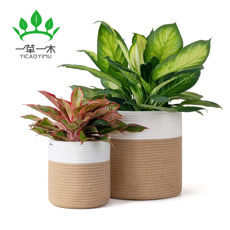 Amazon hot-selling cotton rope woven flower pot set home storage arrangement double color storage basket hemp rope woven flower basket