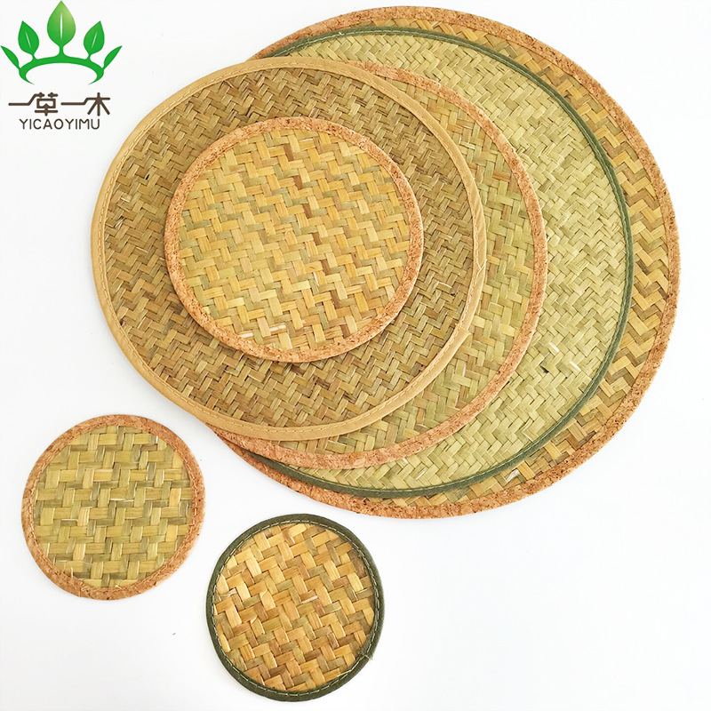 Seaweed woven placemat retro tea table pad round tea mat bowl tray pad cup mat woven heat insulation pad table mat