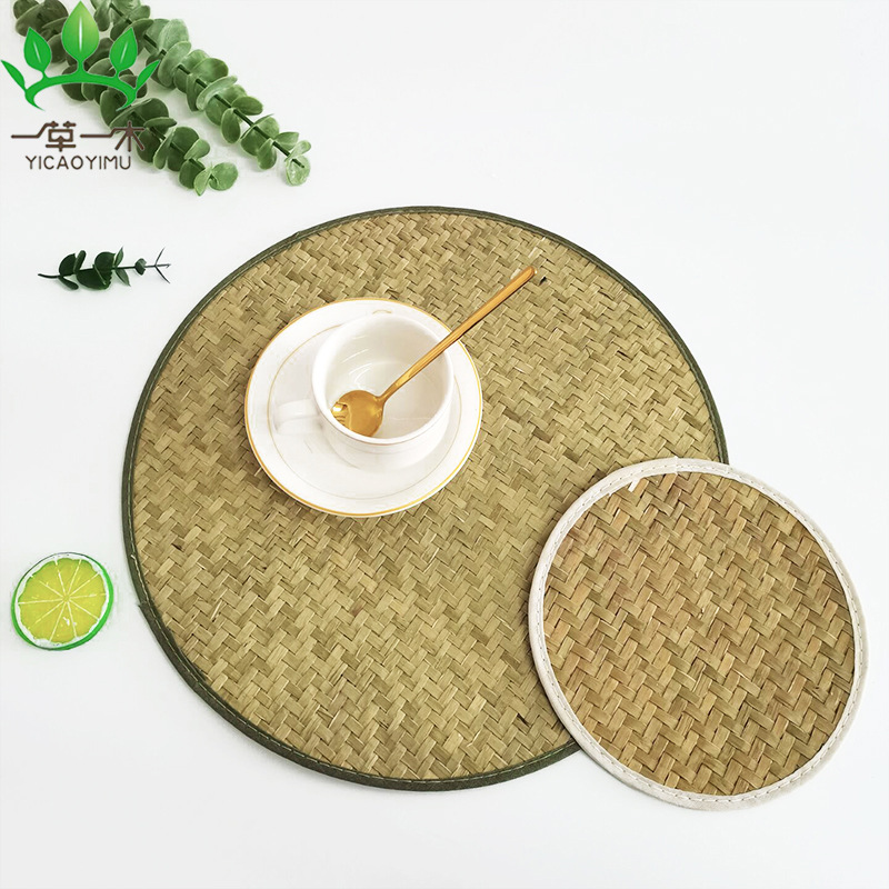 Seaweed woven placemat retro tea table pad round tea mat bowl tray pad cup mat woven heat insulation pad table mat